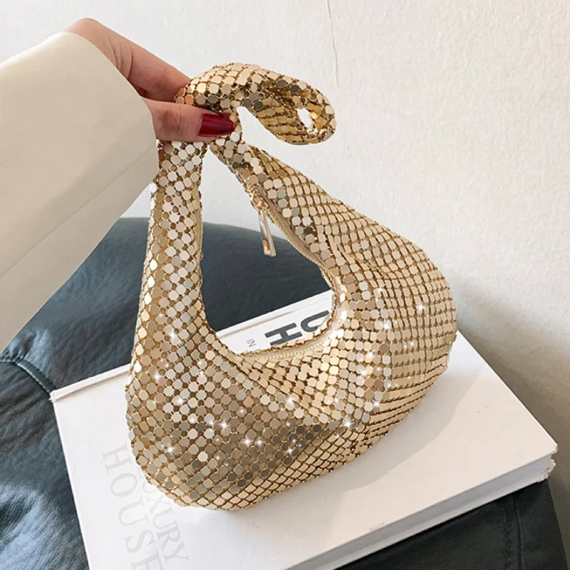 

Dumpling Evening Bags for Women Metallic Fashion Handbag Personality Sequined Splicing Luxury Party Underarm Shoulder Bag Woman