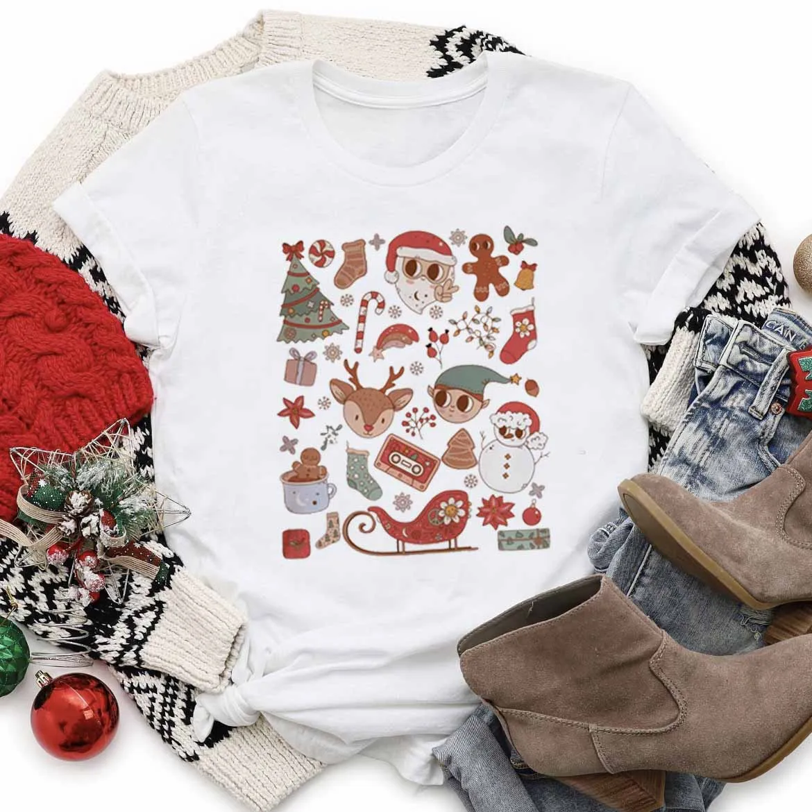 Trendy Christmas T-Shirt Basic Printed Pattern Clothing Women's Fashion Cute New Year Holiday Short Sleeve Women's T-Shirt.
Trendy Christmas T-Shirt Basic Printed Pattern Clothing Women's Fashion Cute New Year Holiday Short Sleeve Women's T-Shirt.