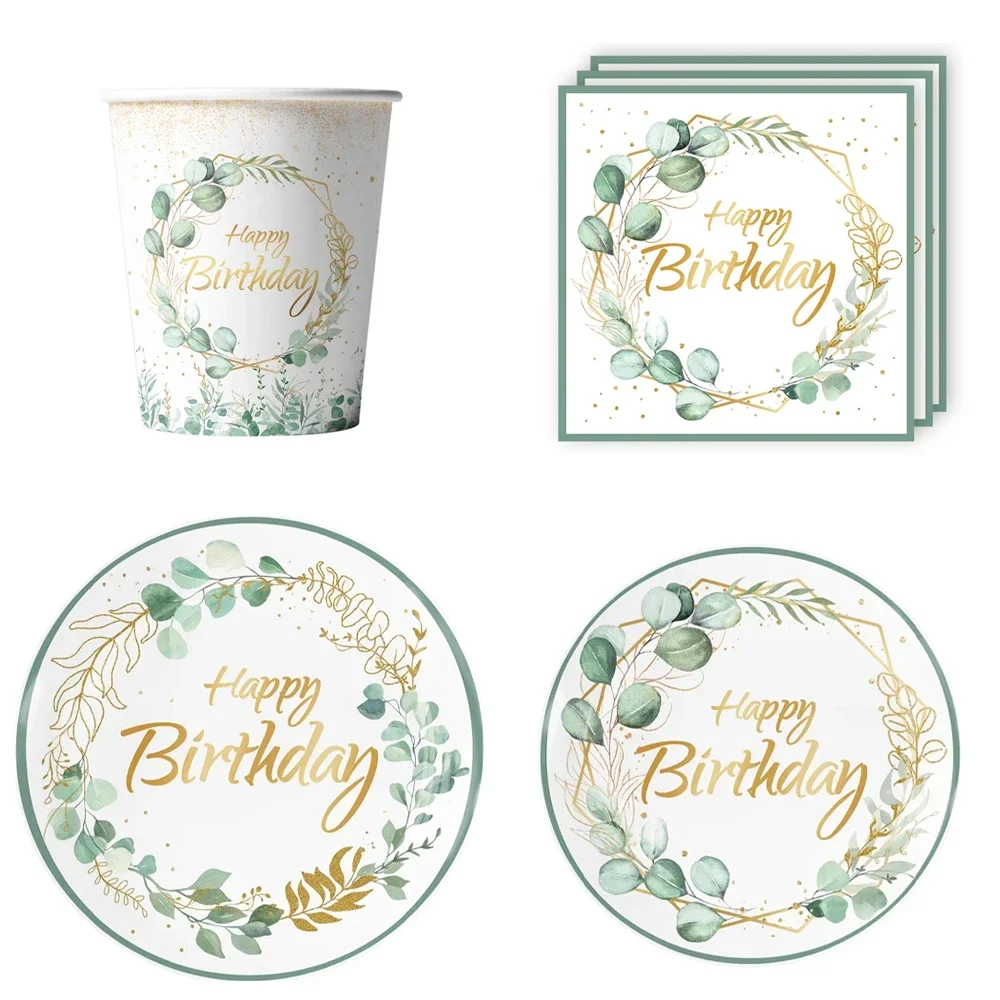 

Набор одноразовой посуды в виде зеленых листьев, праздничное украшение для дня рождения, весенних растений, бумажная тарелка, чашка для салфеток, праздничные принадлежности