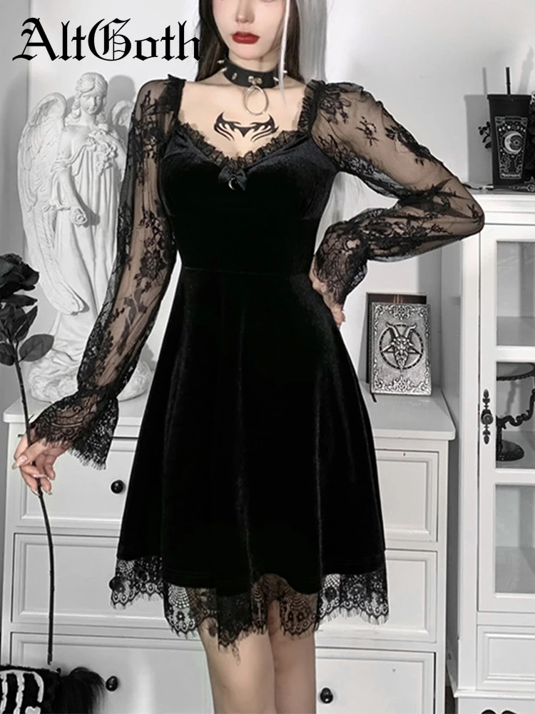 AltGoth Fairycore Grunge Gothic Velvet Dress Women Vintage Palace Style Lace Sleeve High Waist Corset Dress Elegant Partywear
AltGoth Fairycore Grunge Gothic Velvet Dress Women Vintage Palace Style Lace Sleeve High Waist Corset Dress Elegant Partywear