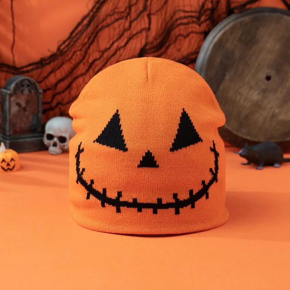 

Men Women Halloween Beanie Hat Spooky Pumpkin Ghost Face Beanie Hat Warm Wool Knitting for Men Women Halloween Holiday Festive