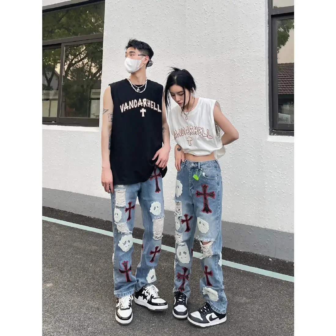 

2024 Tide Chrome Hearts Fashion 1:1 CH Jeans Cross High Quality Patchwork Leather Embroidered Ripped Jeans