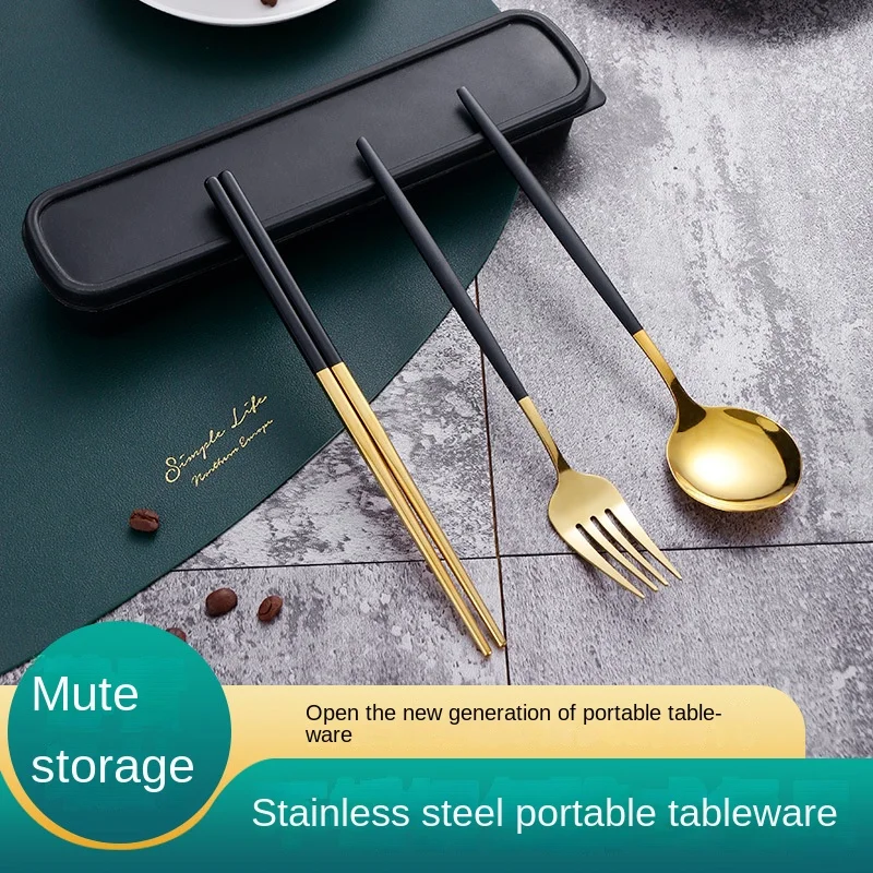 

Tableware Set Stainless Steel Cutlery Dinnerware Fork Spoon Chopsticks With Storage Box Student Portable Outdoor Travel Flatware