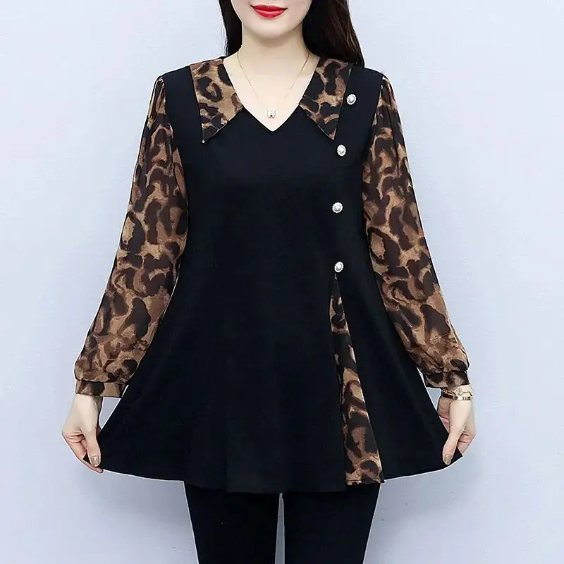 

Пуловер с отложным воротником и длинным рукавом, блузка в стиле пэчворк с леопардовым принтом, приталенная яркая повседневная женская одежда в Корейском стиле, 2023