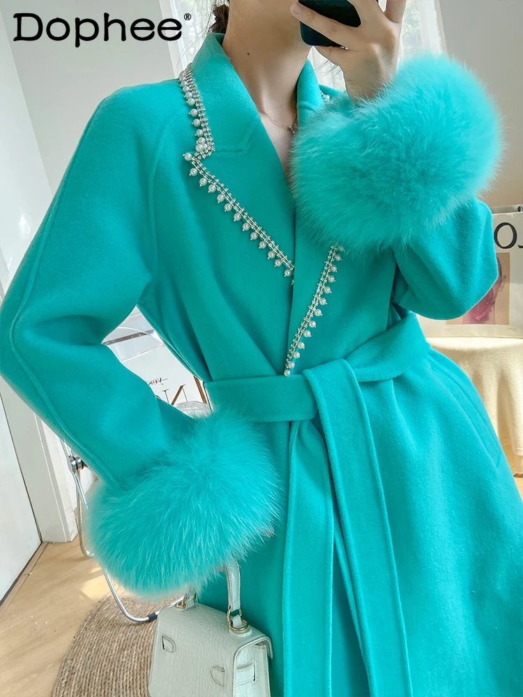 

Fur Stitching Long Sleeve Suit Collar Long Double Faced Cashmere Coat Women 2023 Fall Winter Slim Beaded Woolen Coat Female
