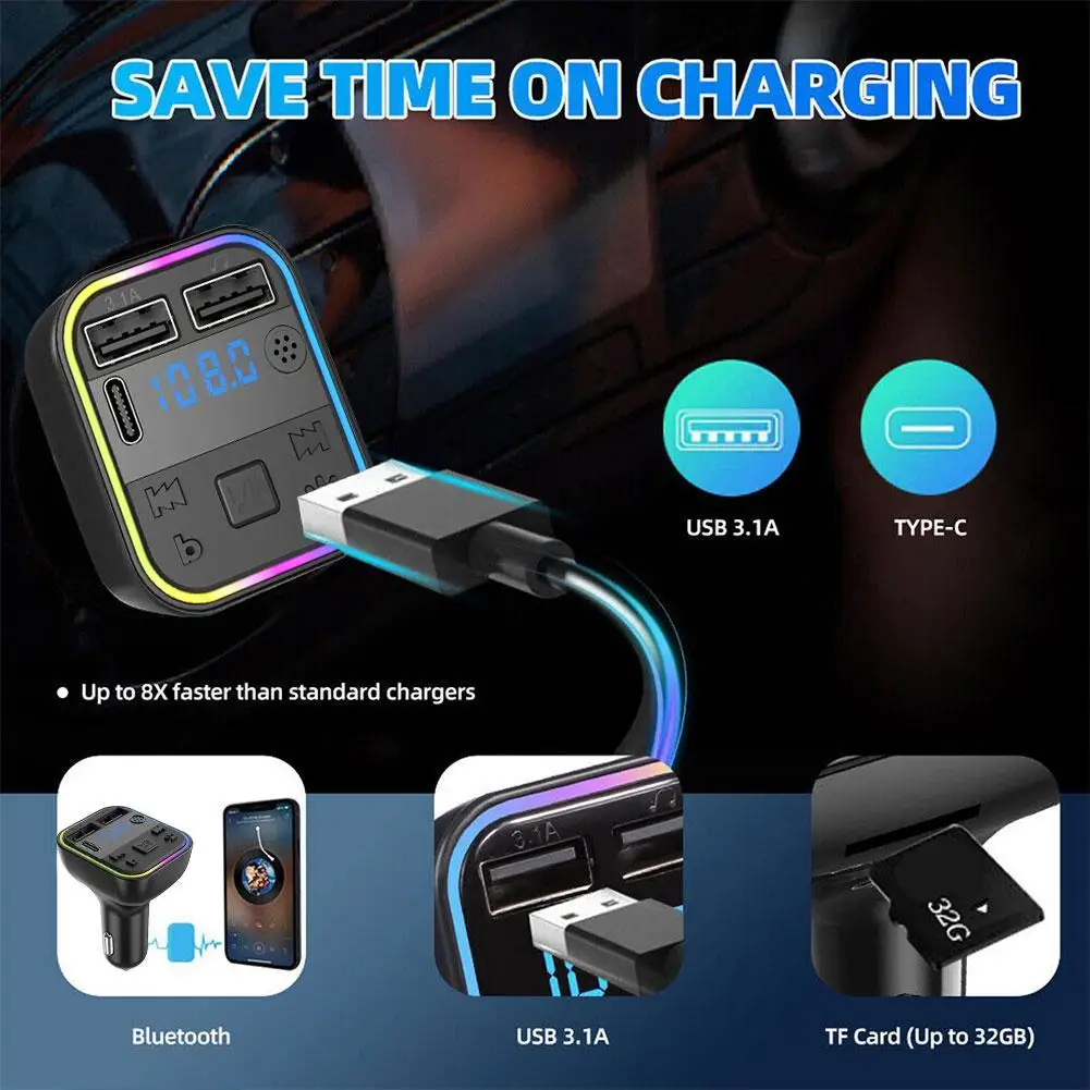 

Car Bluetooth 5.0 FM Transmitter PD Type-C Dual USB Charger Ambient Modulator 3.1A Handsfree Fast Light Player Colorful MP3 M1W8