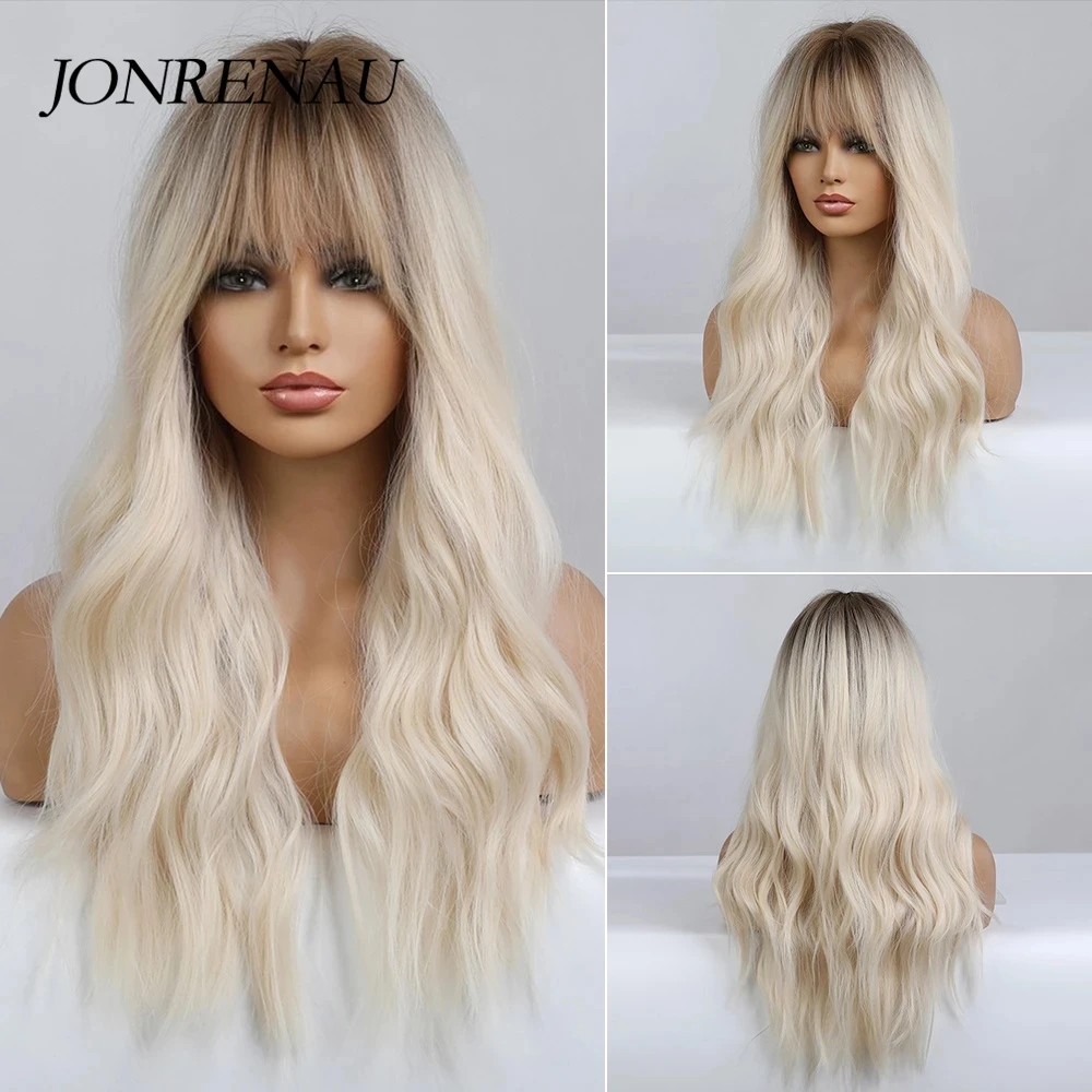 Фото JONRENAU Synthetic Wavy Blonde Platinum Wigs For Women With Bangs Ombre Dark Long Wave Wig Party Daily Heat Resistant Fibre Hair | Шиньоны и
