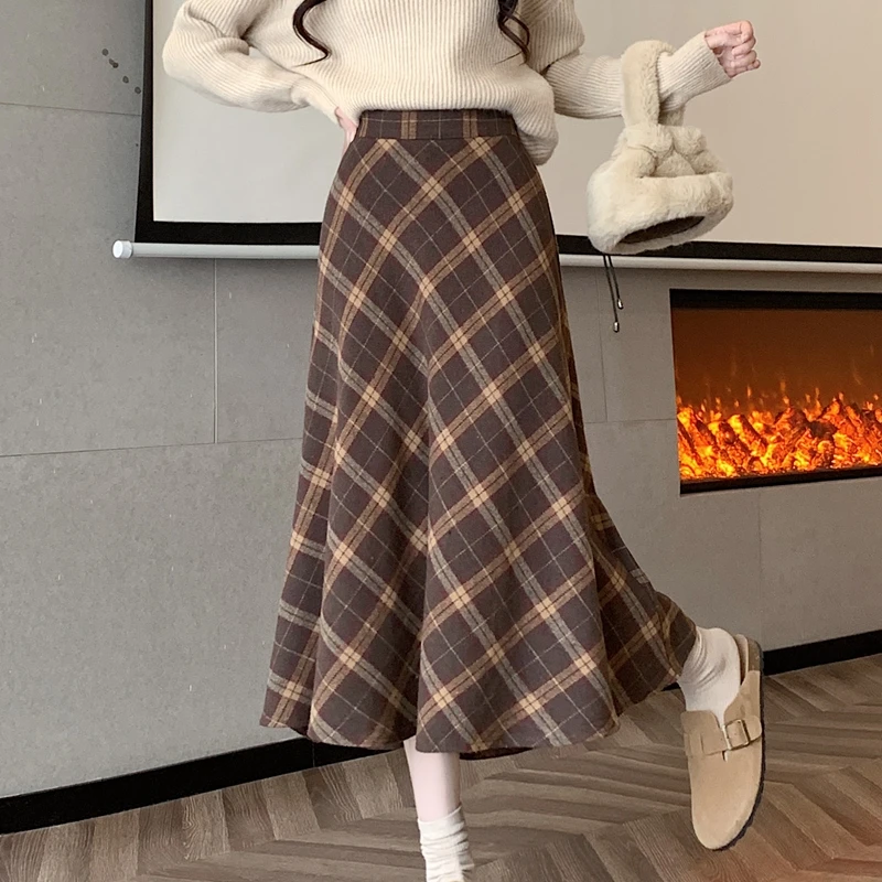 Vintage Winter Thickened High Waist Mid Length Woolen Skirts For Women Elegant Plaid Long Umbrella Skirt All-match Chic Faldas
Vintage Winter Thickened High Waist Mid Length Woolen Skirts For Women Elegant Plaid Long Umbrella Skirt All-match Chic Faldas