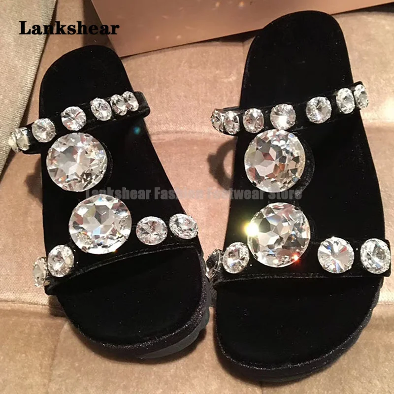 

Rhinestone Thick-Soled Flat-Bottomed Open-Toed Sandals Outerwear Slippers Beach Sandals Vacation Leisure Summer Shoes Women