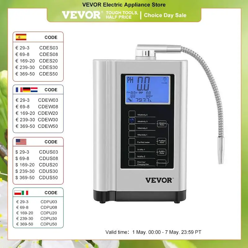 

VEVOR Alkaline Water Ionizer PH3.5-10.5 Hydrogen Generator Machine Drinking Purifier Filter 7 Water Settings for Home Appliance