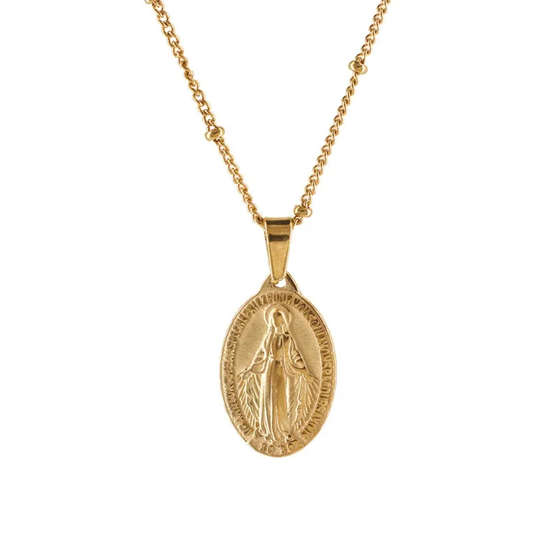 

RHYSONG Double Totem Virgin Mary Pendant Gold Color Necklace Oval Coin Charms Chain Choker Enthic Style Jewelry Gift For Women