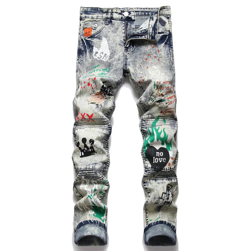 

Brand Men Printed Stretch Denim Jeans Streetwear Patchwork Painted Biker Pants Holes Ripped Distressed Slim Tapered Trousers