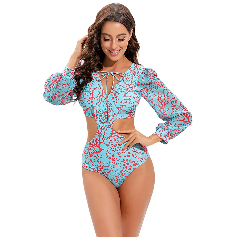 

Vintage One Piece Swimsuit Women Plunge Cut Out Long Sleeve Swimwear Female Bathing Suit Print Summer Bathers Monokini Beachwear