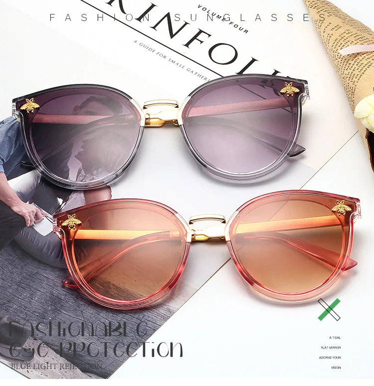 

Women Designer Round Sunglasses Fashion Gradient Bee Sun Glasses For Men Ladies Oversized Mirror Shades Oculos UV400