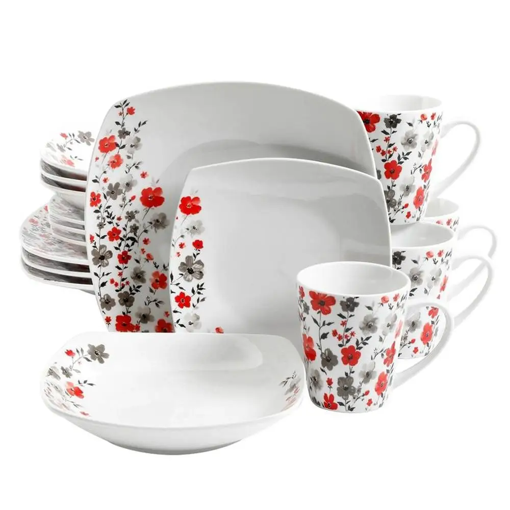 

16pc Round Square Floral Fine Ceramic Dinnerware Set White Glossy Finish Microwave Dishwasher Safe incl. 4 Bowls Plates Mugs