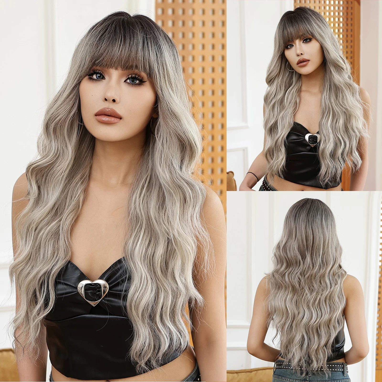 

HAIRCUBE Ombre Black Ash Blonde Synthetic Wigs for Women Long Curly Wavy Wig with Bangs Heat Resistant Cosplay Natural Fake Hair
