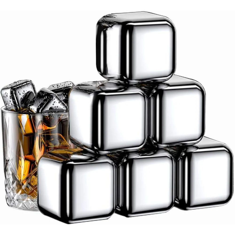 

6 PC Whiskey Reusable Ice Cubes 304 Stainless Steel Metal Beverage Chilling Rocks with Ice Cube Trays Gift Sets