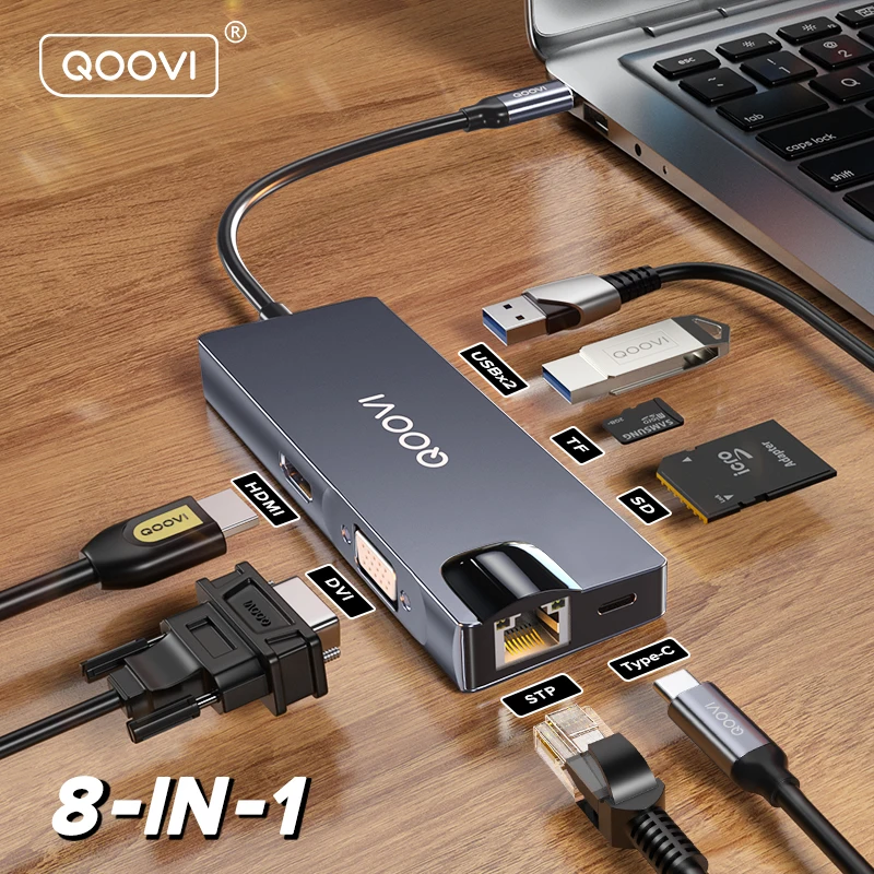 QOOVI USB C Hub Type C To HDMI-Compatible 4K 30Hz RJ45 PD TF/SD Card 8 in 1 Adapter For Macbook Pro Laptop Dock Station Splitter
QOOVI USB C Hub Type C To HDMI-Compatible 4K 30Hz RJ45 PD TF/SD Card 8 in 1 Adapter For Macbook Pro Laptop Dock Station Splitter