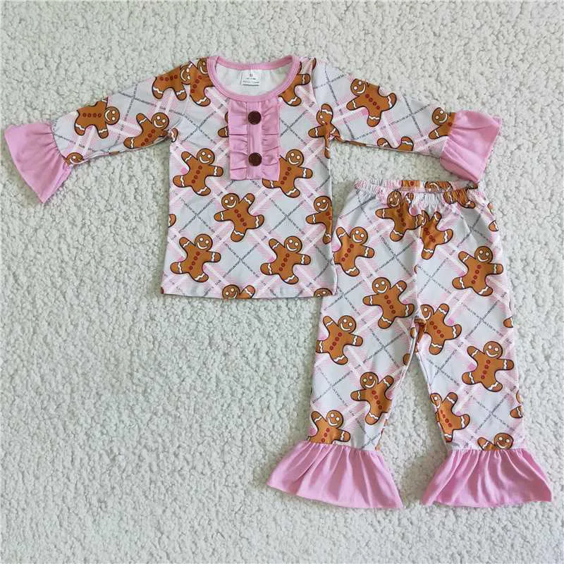 

New Spring Fashion Kids Baby Girls Brown Villain Ginger Bread Pink Set Boutique Wholesale Baby Girls Children Clothing Outfits