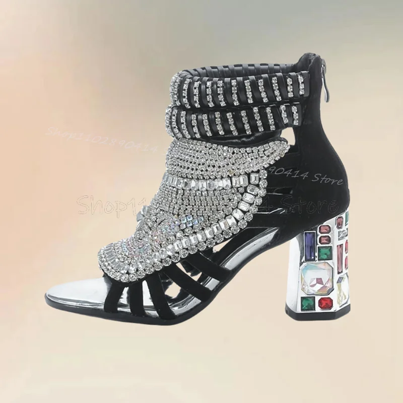

Женские босоножки на высоком каблуке, черные Босоножки с открытым носком, украшенные разноцветными кристаллами, на молнии сзади, модная обувь на массивном каблуке, 2024