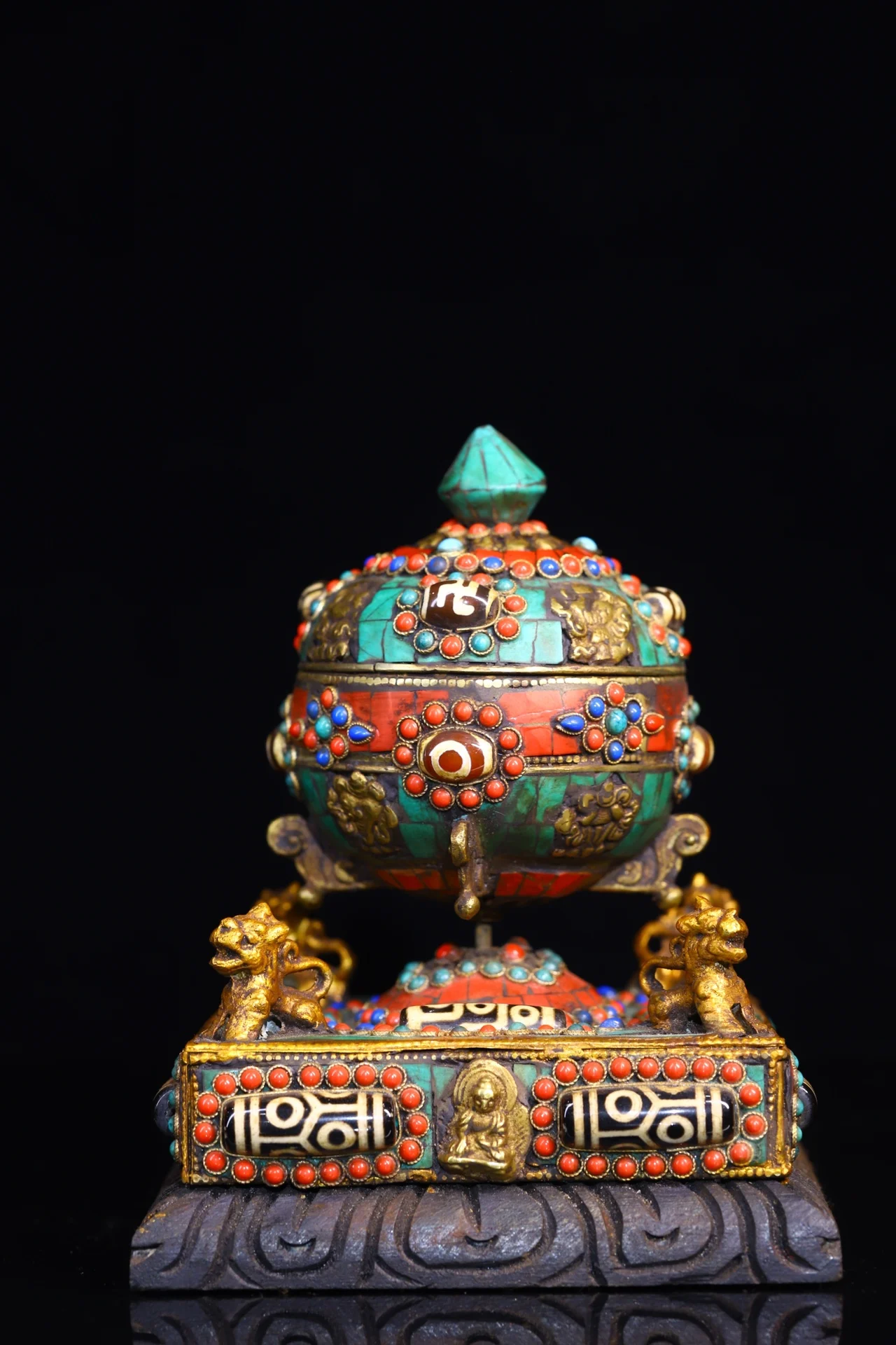 

7"Tibetan Temple Collection Old Bronze Mosaic Gem gZi Beads Four-faced lion Prayer Wheel Old Scriptures Chanting Town House