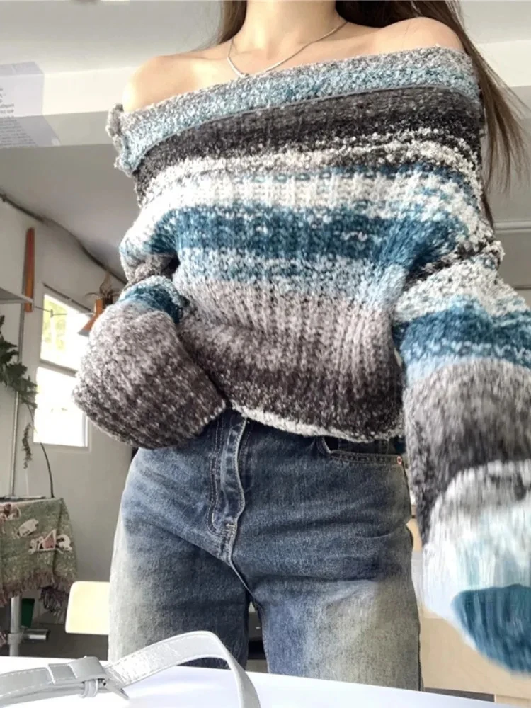 

Loose Grunge Y2k Aesthetic Pullovers Slash Neck Off Shoulder Knitted Women Swaeters Spring Striped Contrast Color Sueter Mujer