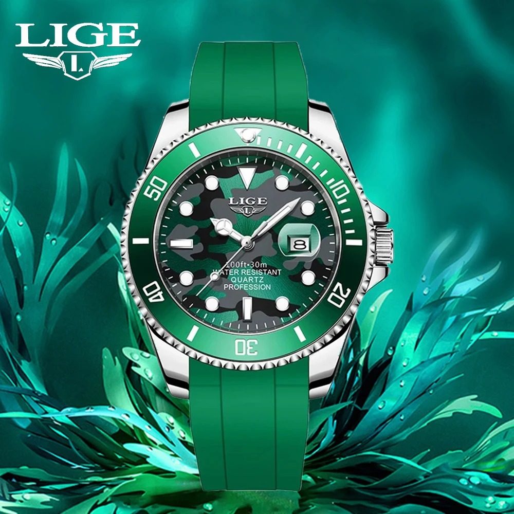 

Часы наручные LIGE Мужские кварцевые, брендовые Модные Зеленые спортивные водонепроницаемые с силиконовым ремешком, с автоматической датой, 2024