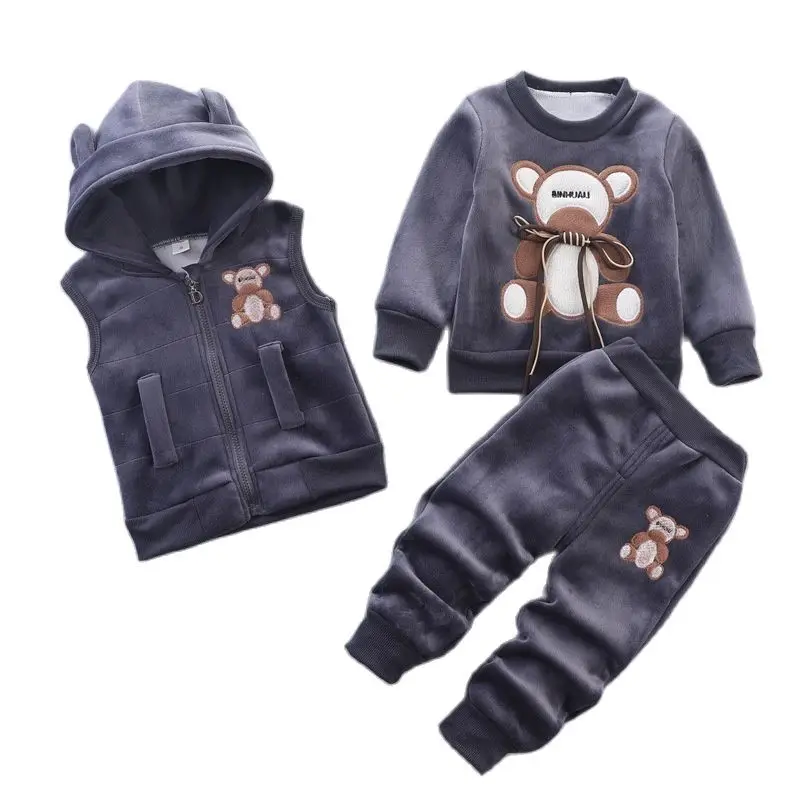 

Детский плюшевый утепленный комплект, мультяшная куртка + жилет с капюшоном + брюки, комплект из 3 предметов, детская одежда, осенне-зимний хлопковый комплект для мальчиков и девочек