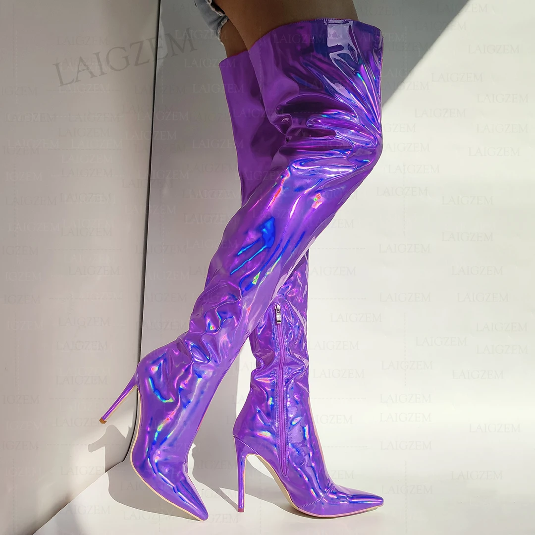 

LAIGZEM Women Thigh High Boots Holographic Side Zip Stiletto Heels Over Knee Boots Party Ladies Shoes Woman Big Size 41 43 45 47