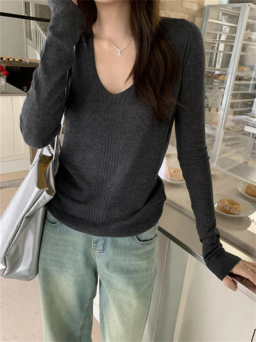 

Alien Kitty Slim V-Neck Sweaters Spring Women 2024 Solid Knitted Casual Spring Loose All Match Full Sleeve Pullovers Gentle