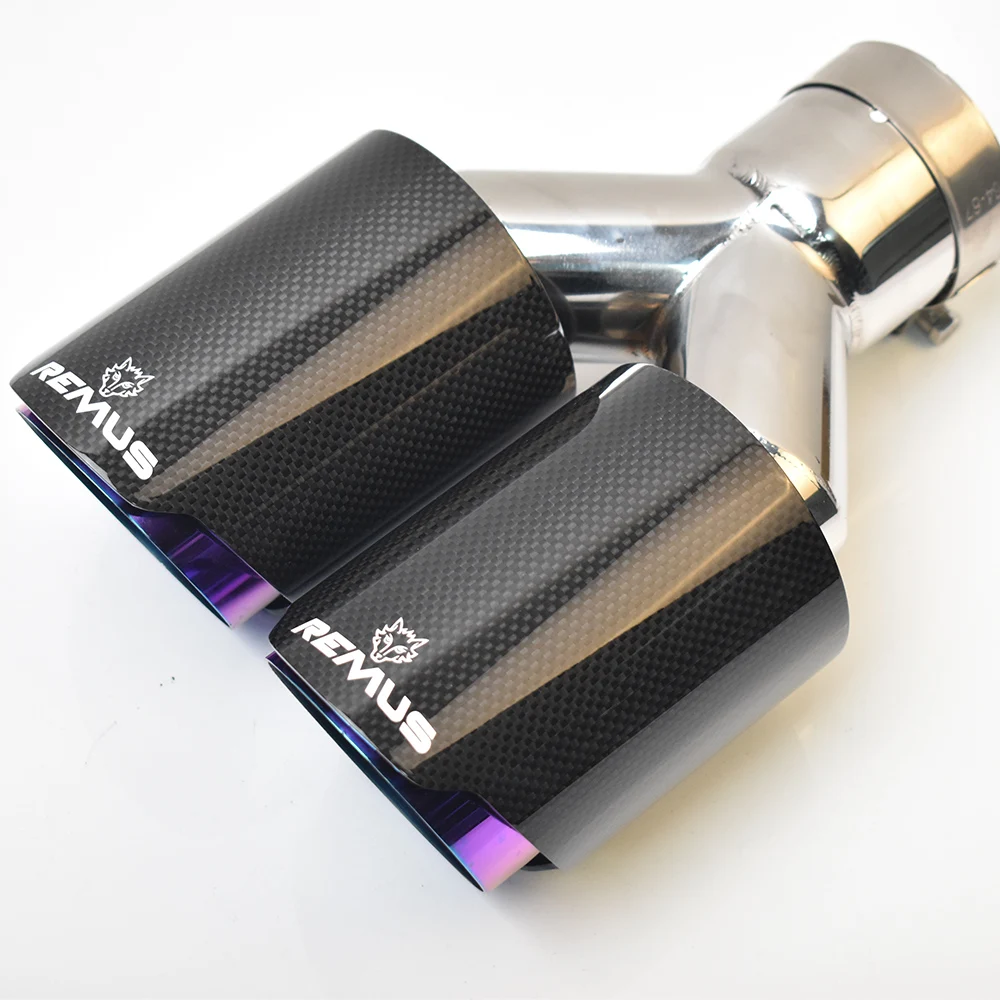 

1PC Glossy Straight Carbon Stainless Steel Dual tip Equal Length Muffler Pipe End tail Middle Purple Exhaust Tip With Remu Logo