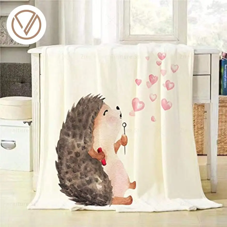 

Throw Blanket Hand Drawn Watercolor Hedgehog Blowing Heart Shaped Bubbles Decorative Soft Warm Cozy Flannel Plush Throws Blanket