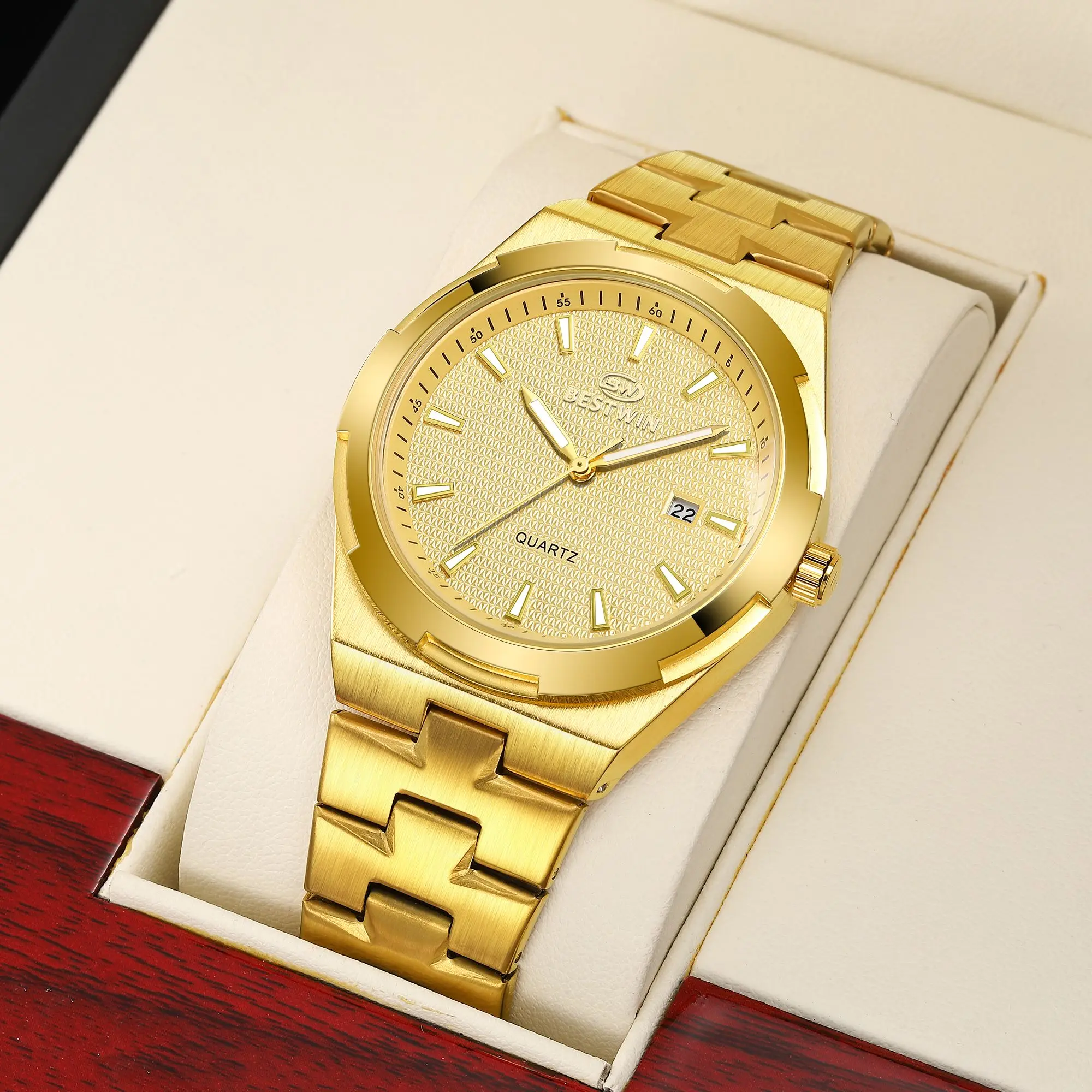 

New Design Quartz Wristwatches Men Golden Stainless Steel Dress Watch Date/Week Functions Luxury Clock Man 2023