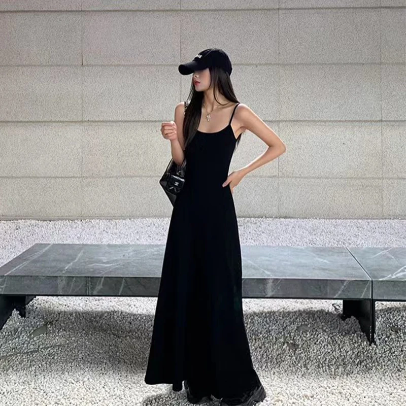 

Black Sleeveless Long Dress Women Streetwear Spaghetti Stap A Line Dresses Y2K Korean Slim Sundress Summer Elegant Vestidos New