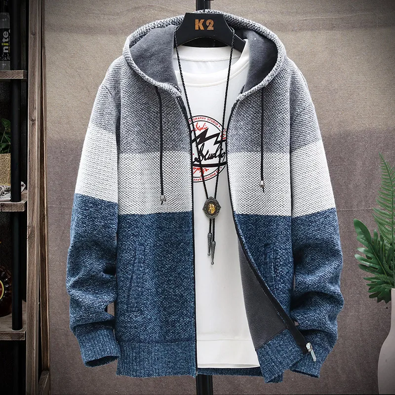 

Men's Hooded Jumper Cold Sweater Winter Cardigan Fleece Wool Autum Warm Loose Zip Up Jacket Male Knitwear Coat