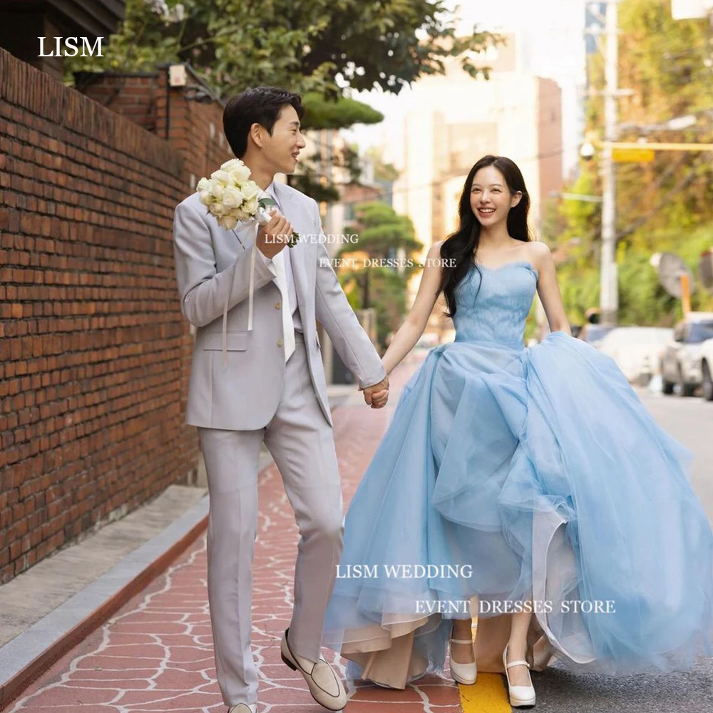 

LISM Elegant Blue Korea Wedding Dress Photo Shoot Strapless Soft Tulle Bridal Gown Puffy Short Floor Length A Line 신부 웨딩드레스