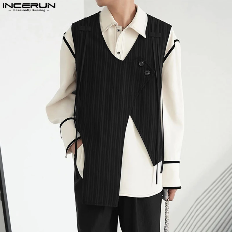 

Handsome Well Fitting Tops INCERUN New Men's Striped Ribbon Design Vests Casual Fashion Solid Irregular Hem Waistcoat S-5XL 2023