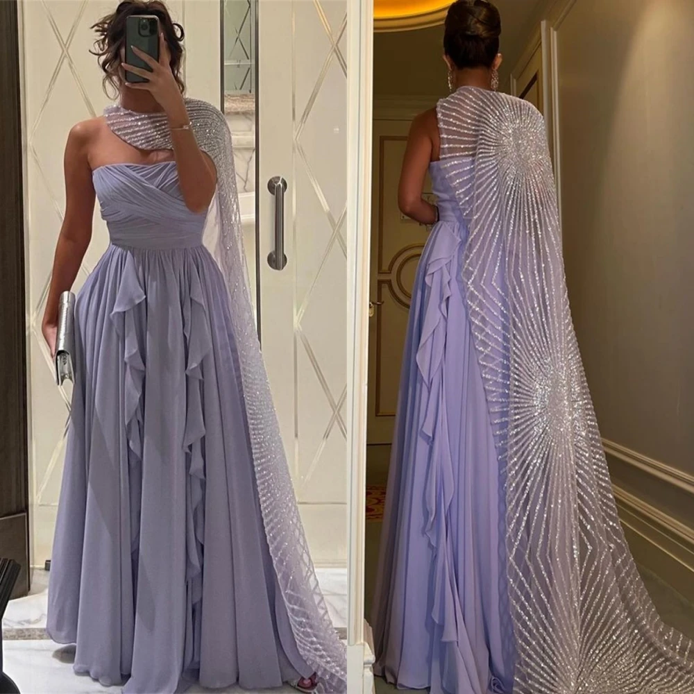 

Prom Dress Fashion Strapless Empire Party Dresses Floor-Length Stole Chiffon Ruched Formal Evening Gowns فساتين سهره فاخره 2023