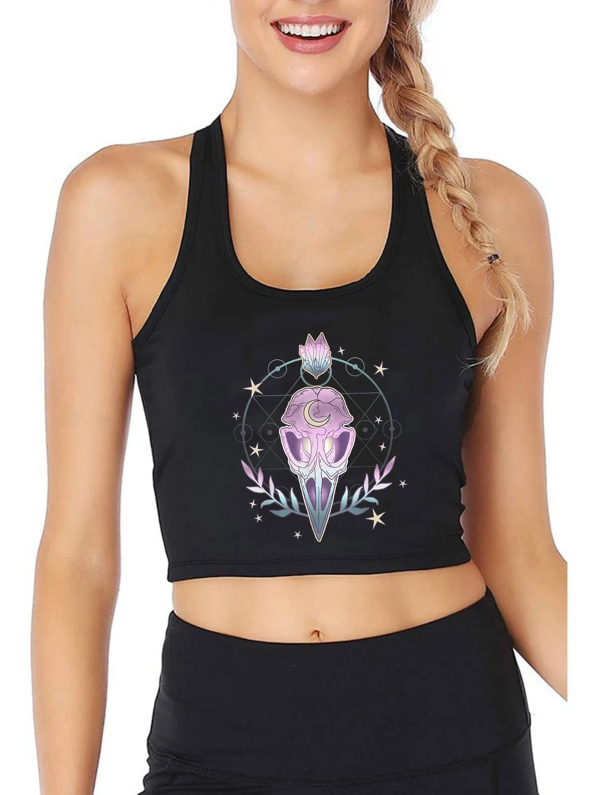 Skeleton head crystal stone graphic sexy slim crop top girl's star and moon divination design tank tops pastel gothic camisole 
Skeleton head crystal stone graphic sexy slim crop top girl's star and moon divination design tank tops pastel gothic camisole