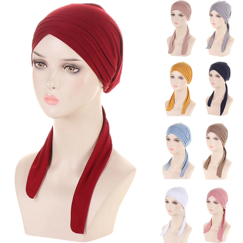 

Muslim Women Stretch Turban Hat Cancer Chemo Cap Beanie Pre-Tied Scarf Headwear Headwrap Plated Hair Loss Bonnet Hijab Headscarf