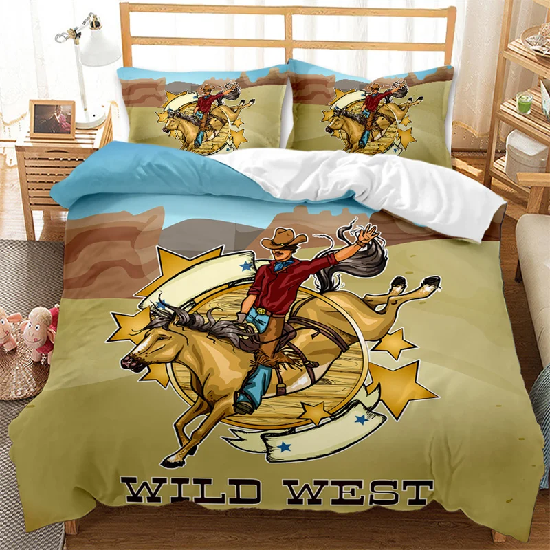 

Western Cowboy Duvet Cover Set Single King Wild West Themed Cowboy Bedding Set Microfiber Rodeo Cowboy Riding Horse Quilt Cover