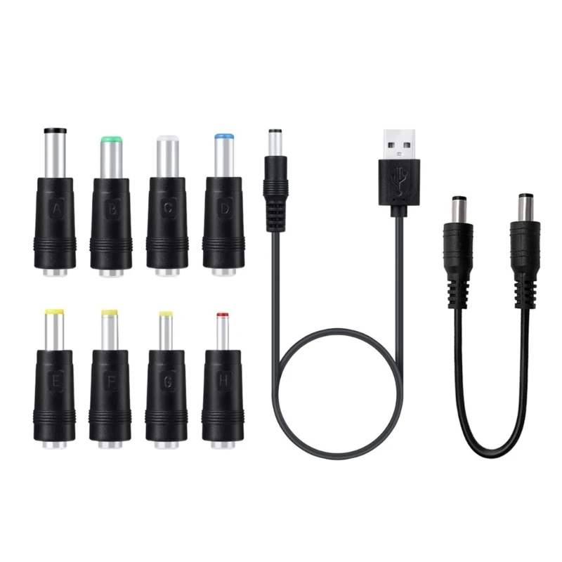 

F3KE USB to DC5521 5V Power Cord DC5.5x2.1mm Charging Cable with 8 Interchangeable Connectors Tip Set 1M Cable