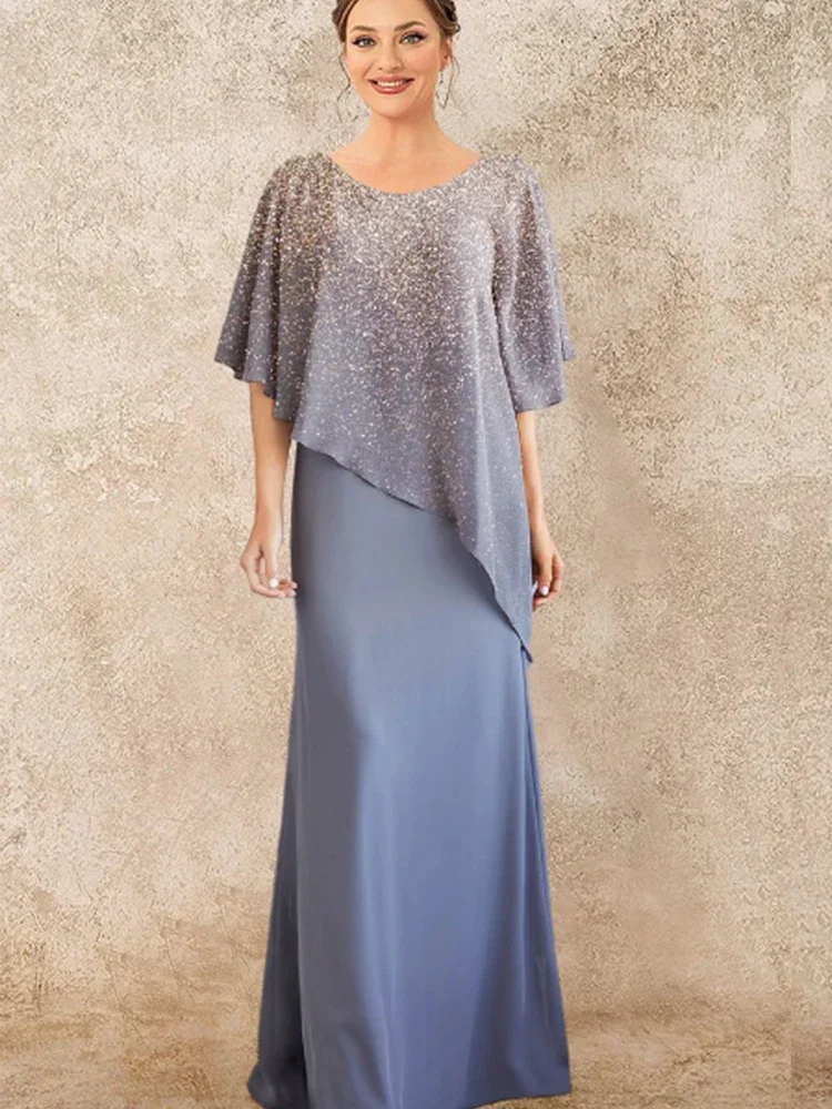 

Plus Size Dress for Women Elegant Evening Dress Bride Mom Grey Blue Chiffon Ombre Sparkling Print Irregular Women's Maxi Dress