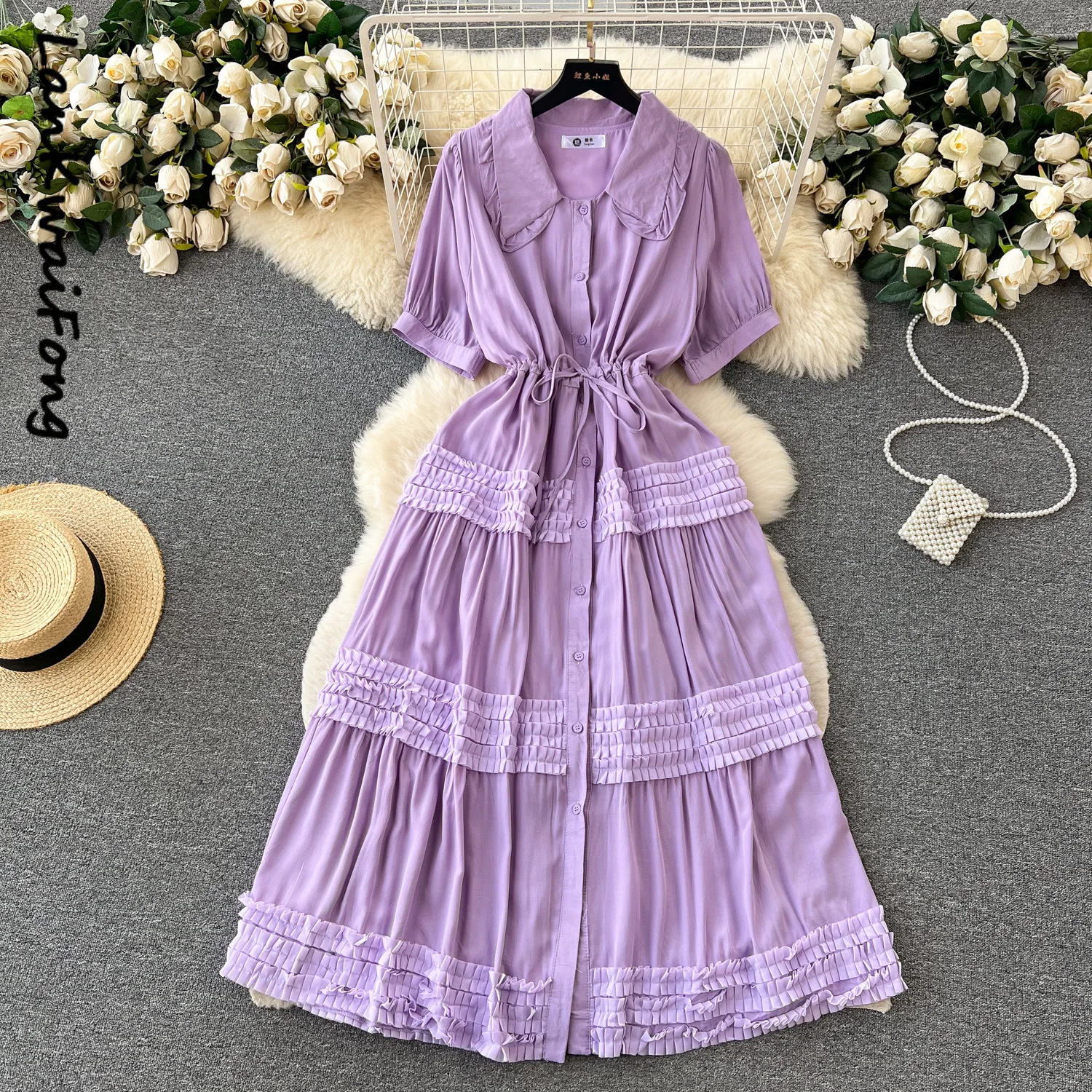 LKF Temperament Casual Dress Female Doll Collar Drawstring Single-breasted Button Loose Short-sleeved Solid Color Fairy Dress
LKF Temperament Casual Dress Female Doll Collar Drawstring Single-breasted Button Loose Short-sleeved Solid Color Fairy Dress