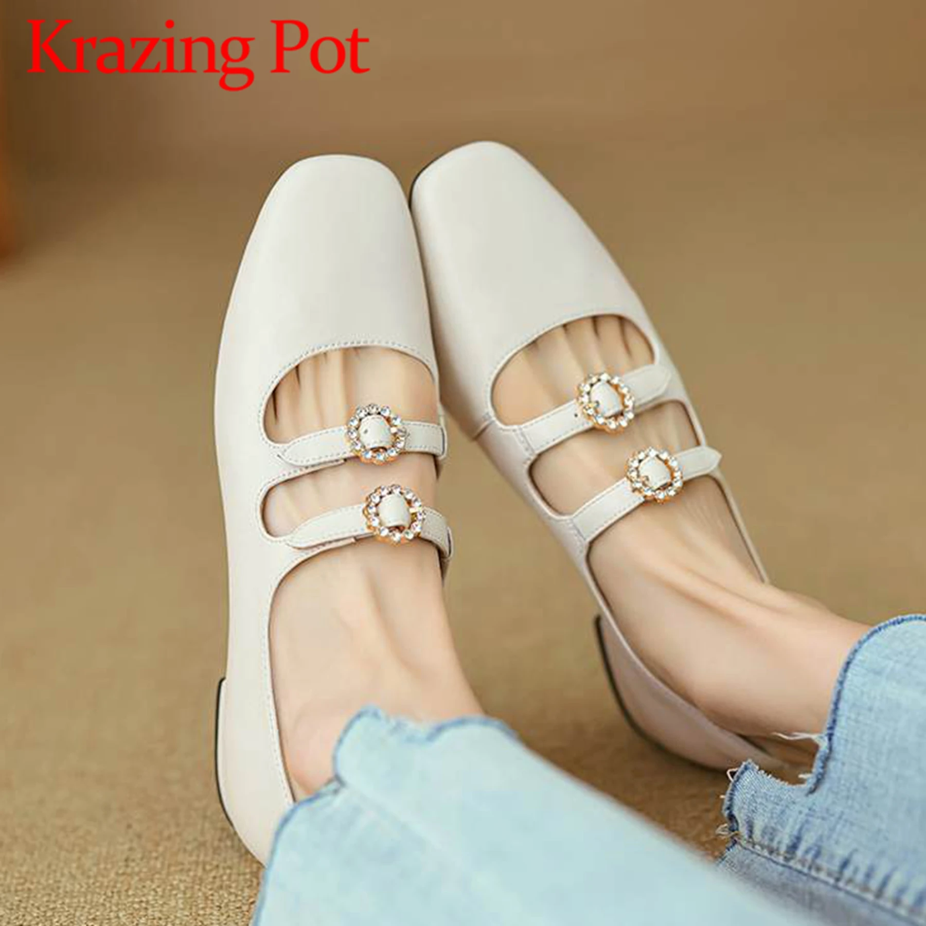 

Krazing Pot New Cow Leather Metal Buckle Straps Low Heels Summer Sweet Girl Fashion Square Toe Mary Janes Daily Wear Women Pumps