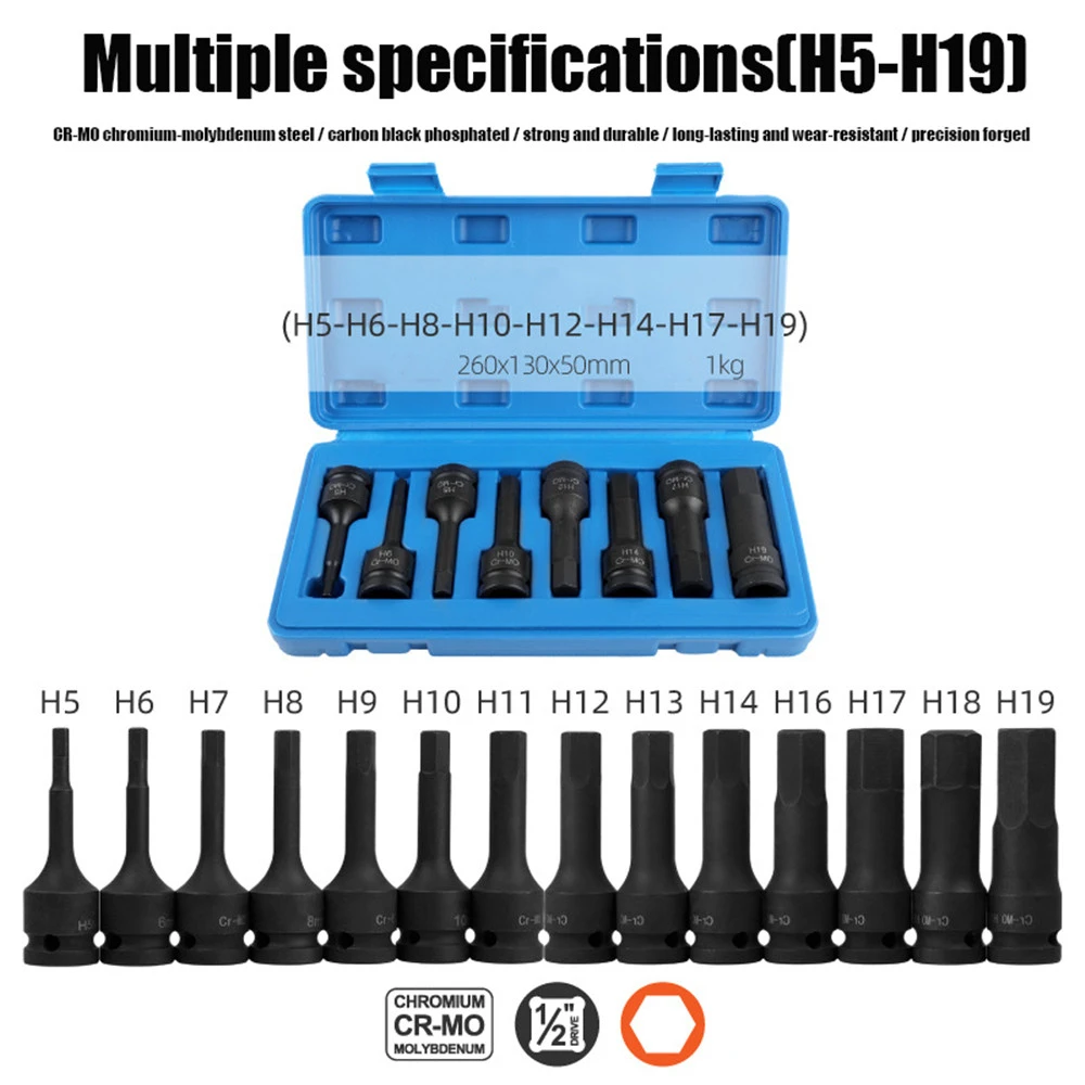 Drill Bit Tools Set 1/2” Pneumatic Wrench Hexagonal Drive Bits Kit Cr-V Steel Hex Socket Driver Metric Power Nuts Driver
Drill Bit Tools Set 1/2” Pneumatic Wrench Hexagonal Drive Bits Kit Cr-V Steel Hex Socket Driver Metric Power Nuts Driver