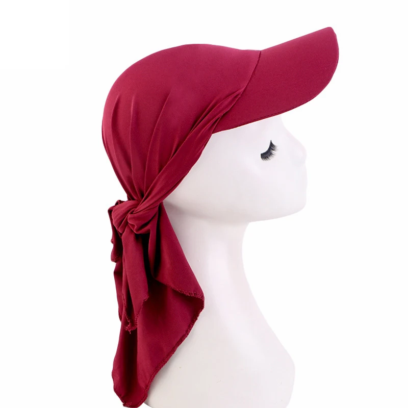 

Summer Women Wide Brim Cap Sun Visor with Pre-Tied Turban Hijab Caps Head Scarf Windproof Bandanas Outdoor Sun Hat Solid Color