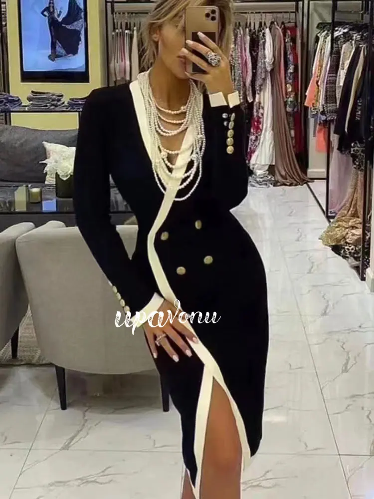 Autumn Women's Knitted Dress Fashion V-neck Long sleeved Double breasted Contrast Color Split Evening Party Knitted Midi Dresses
Autumn Women's Knitted Dress Fashion V-neck Long sleeved Double breasted Contrast Color Split Evening Party Knitted Midi Dresses