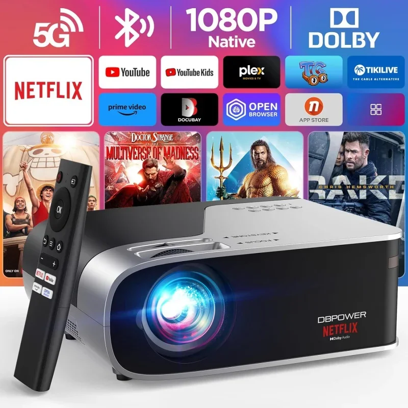 

[Netflix Officially-Licensed] Projector with 5G WiFi and Bluetooth, DBPOWER Native 1080p Movie Projector Built-in Netflix, 500AN