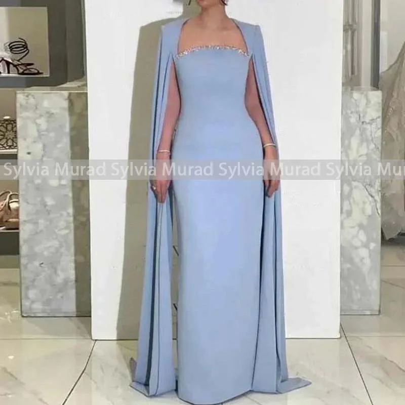 Cape Long Mermaid Evening Dress With Beaded Square Neck Streamers Light Blue Sheath Party Dresses Formal Gown
Cape Long Mermaid Evening Dress With Beaded Square Neck Streamers Light Blue Sheath Party Dresses Formal Gown